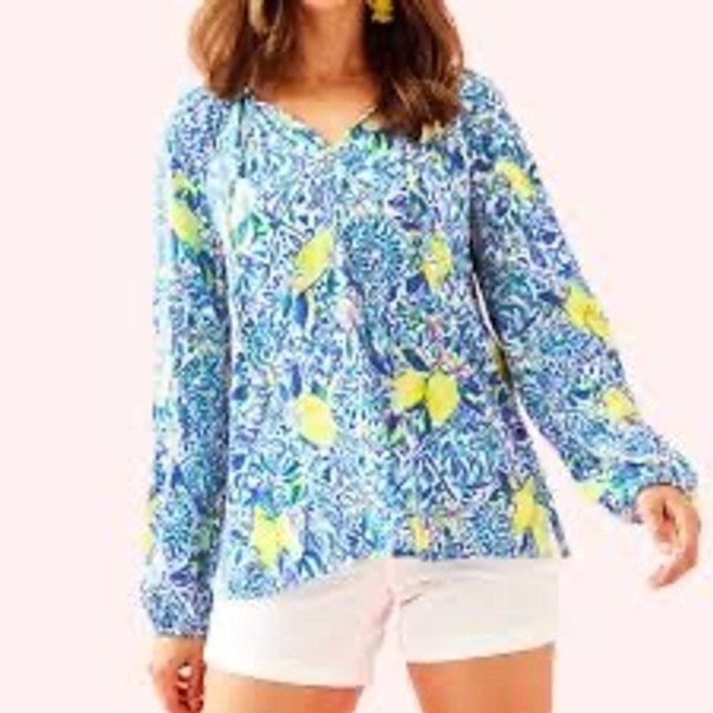 Lilly Pulitzer Blouse Womens L Blue Yellow Lemon Print EUC Long Sleeve Coastal - Picture 1 of 7